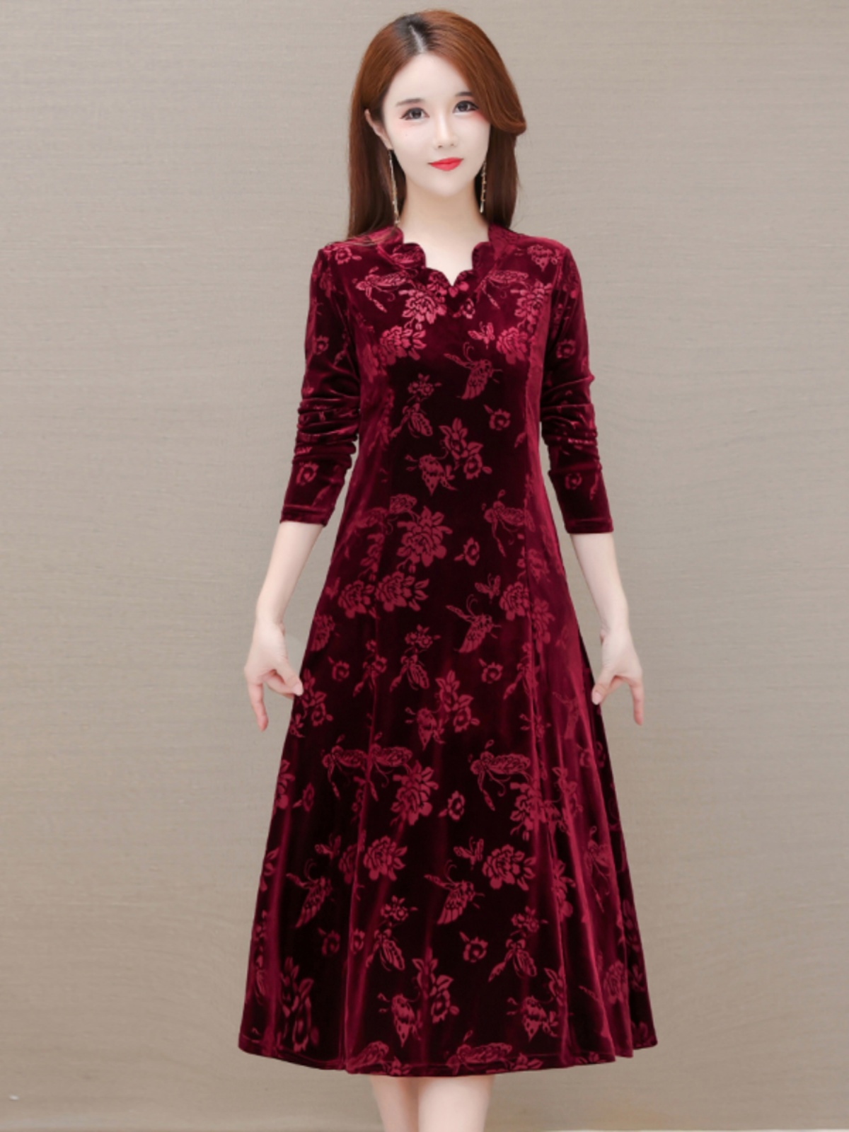 Elegant Velvet Dress V-Neck Mi - Women Fashion Over The Years 评论和价格